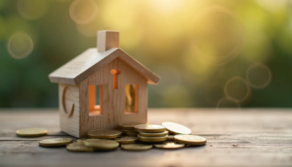 1747998001 une petite maison en bois avec des pieces de monnaies sur une table gros plan fond flou 1200x686 1